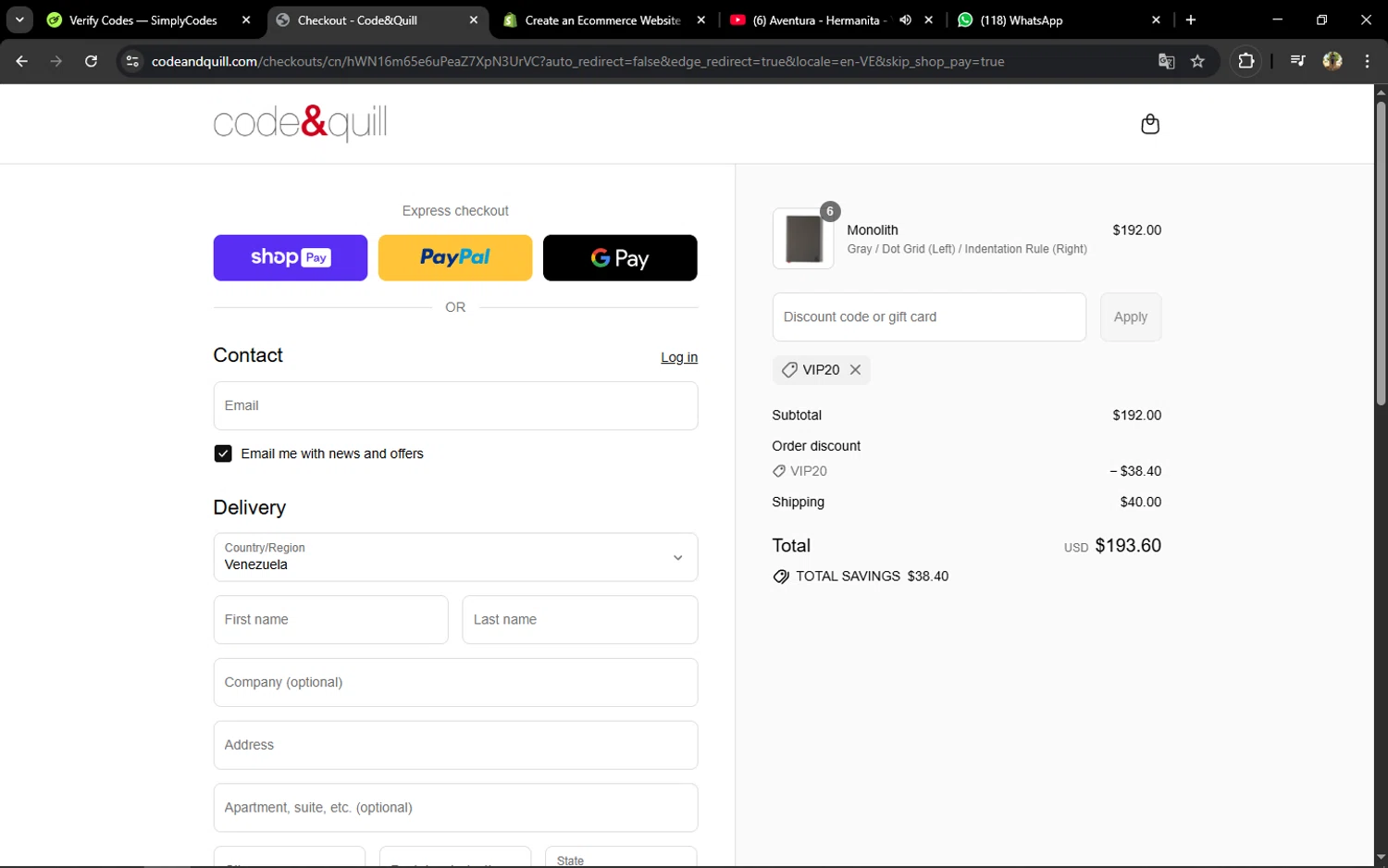 Code & Quill promo code screenshot showing code VIP20 applied at Code & Quill checkout page. Uploaded by SimplyCodes community member Tralalelo on Jul 27, 2025