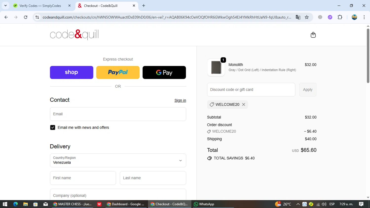 Code & Quill promo code screenshot showing code WELCOME20 applied at Code & Quill checkout page. Uploaded by SimplyCodes community member EpicTracker8800 on Nov 17, 2025