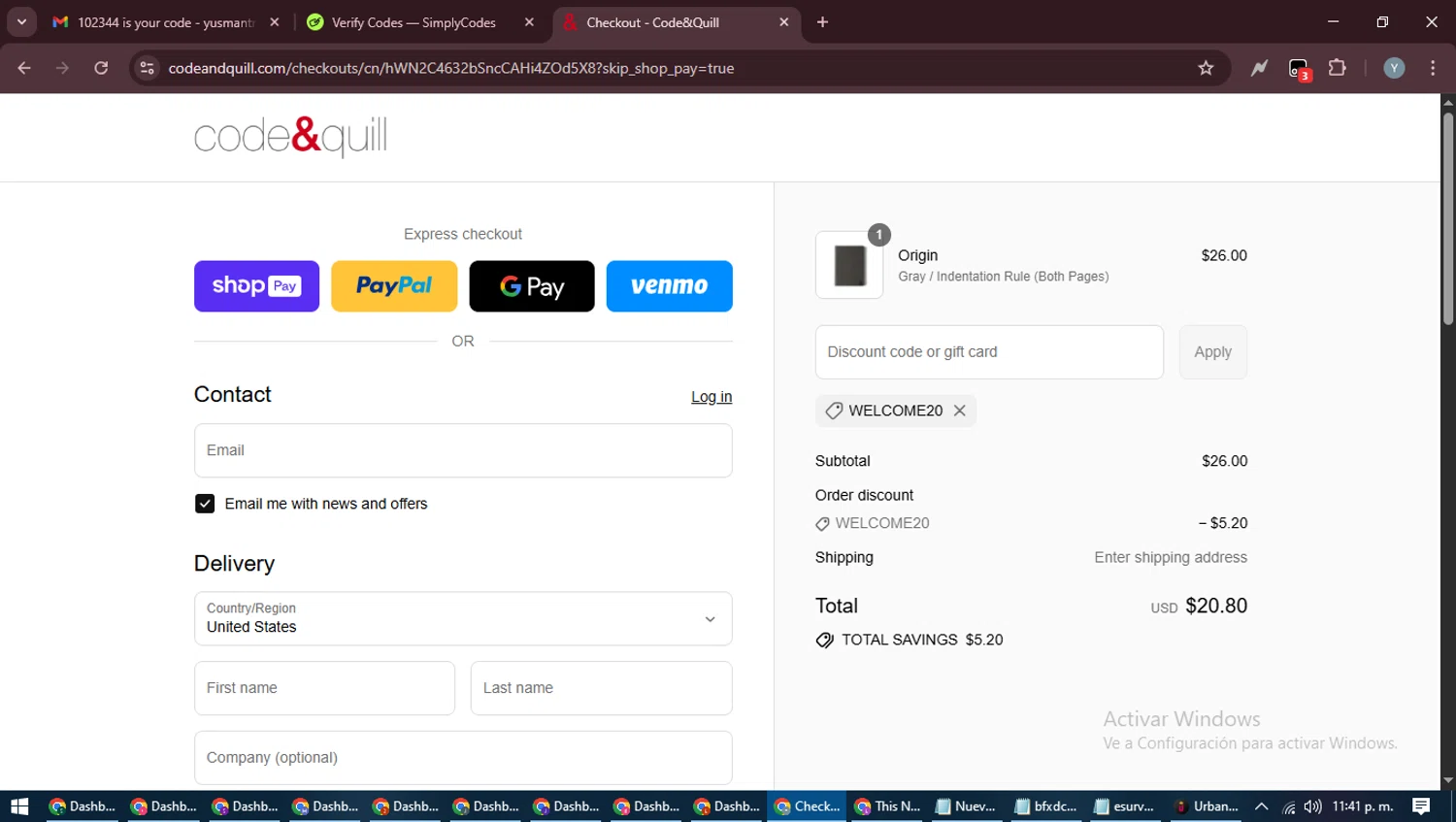 Code & Quill promo code screenshot showing code WELCOME20 applied at Code & Quill checkout page. Uploaded by SimplyCodes community member MoneyTiger5162 on Aug 25, 2025