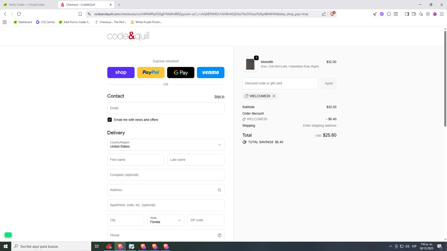 Code & Quill promo code screenshot showing code WELCOME20 applied at Code & Quill checkout page. Uploaded by SimplyCodes community member Nezukooo on Dec 20, 2025