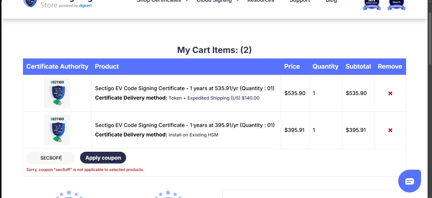 CodeSigningStore promo code screenshot showing code SEC8OFF applied at CodeSigningStore checkout page. Uploaded by SimplyCodes community member obert0264_b14f on Feb 20, 2026