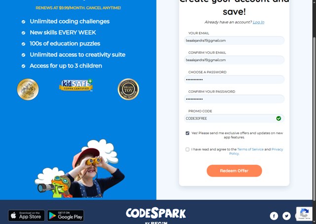 CodeSpark checkout page showing CodeSpark promo code box | Screenshot taken by SimplyCodes community member on Aug 29, 2025