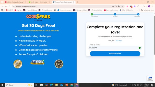 CodeSpark checkout page showing CodeSpark promo code box | Screenshot taken by SimplyCodes community member on Sep 6, 2025