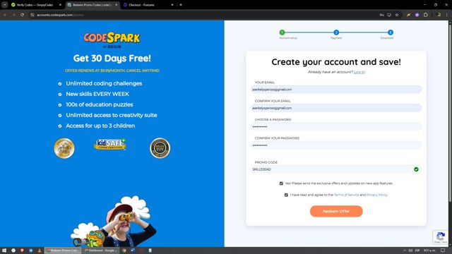 CodeSpark checkout page showing CodeSpark promo code box | Screenshot taken by SimplyCodes community member on Sep 2, 2025