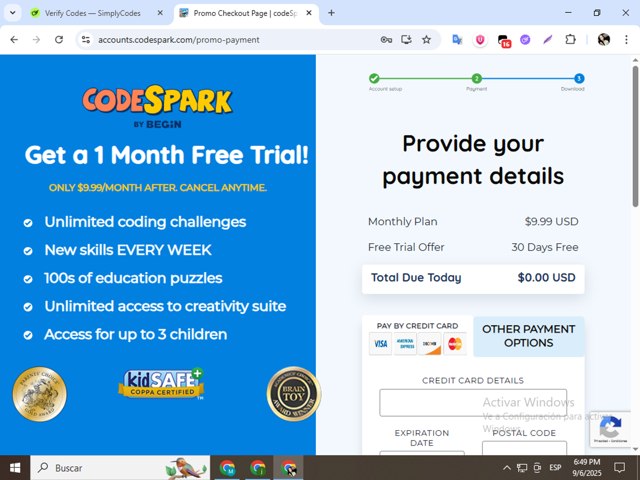 CodeSpark checkout page showing CodeSpark promo code box | Screenshot taken by SimplyCodes community member on Sep 6, 2025