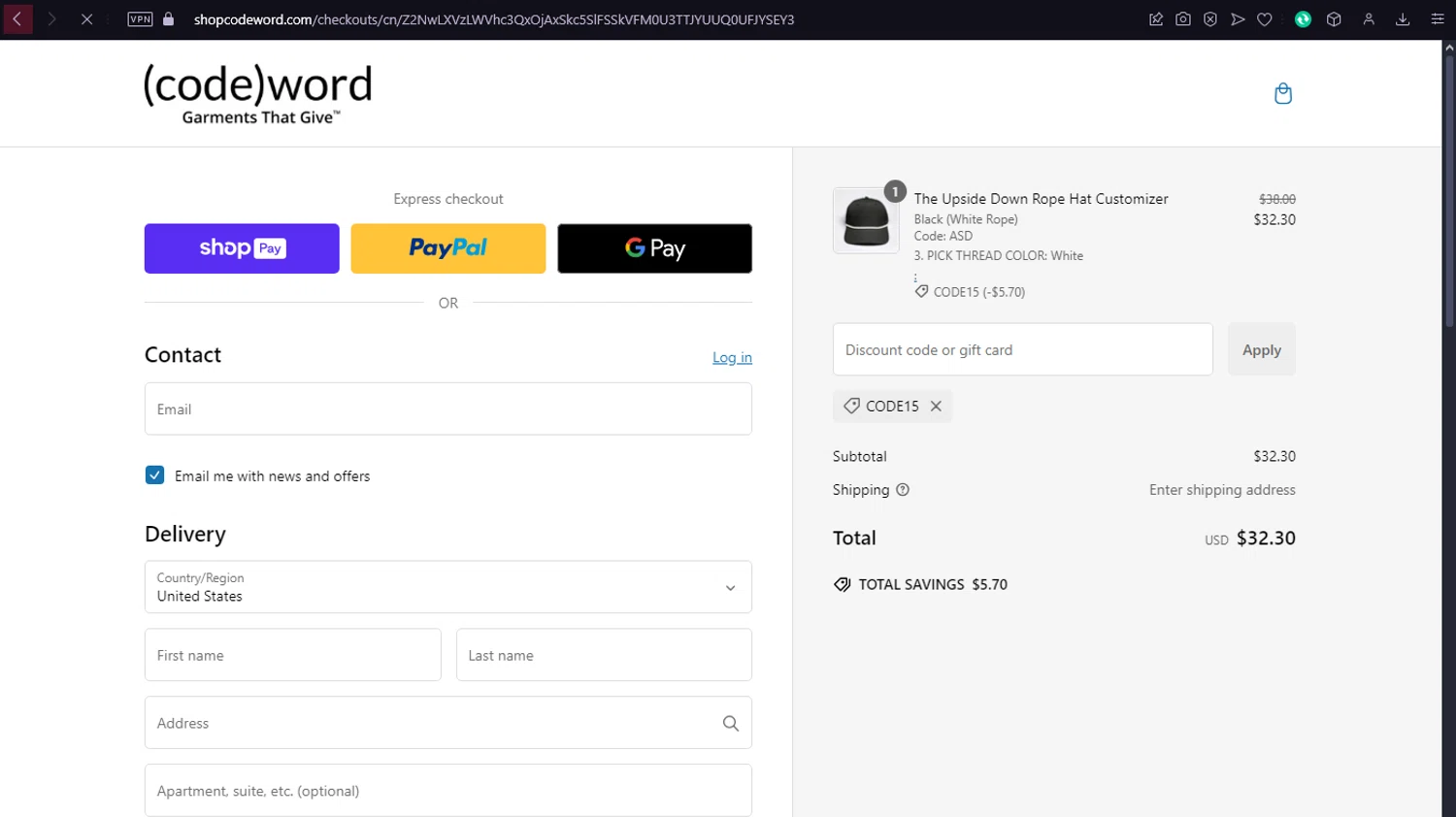 Codeword Hats discount code screenshot showing code CODE15 applied at Codeword Hats checkout page. Uploaded by SimplyCodes community member ronaldacunajr13 on Dec 29, 2024