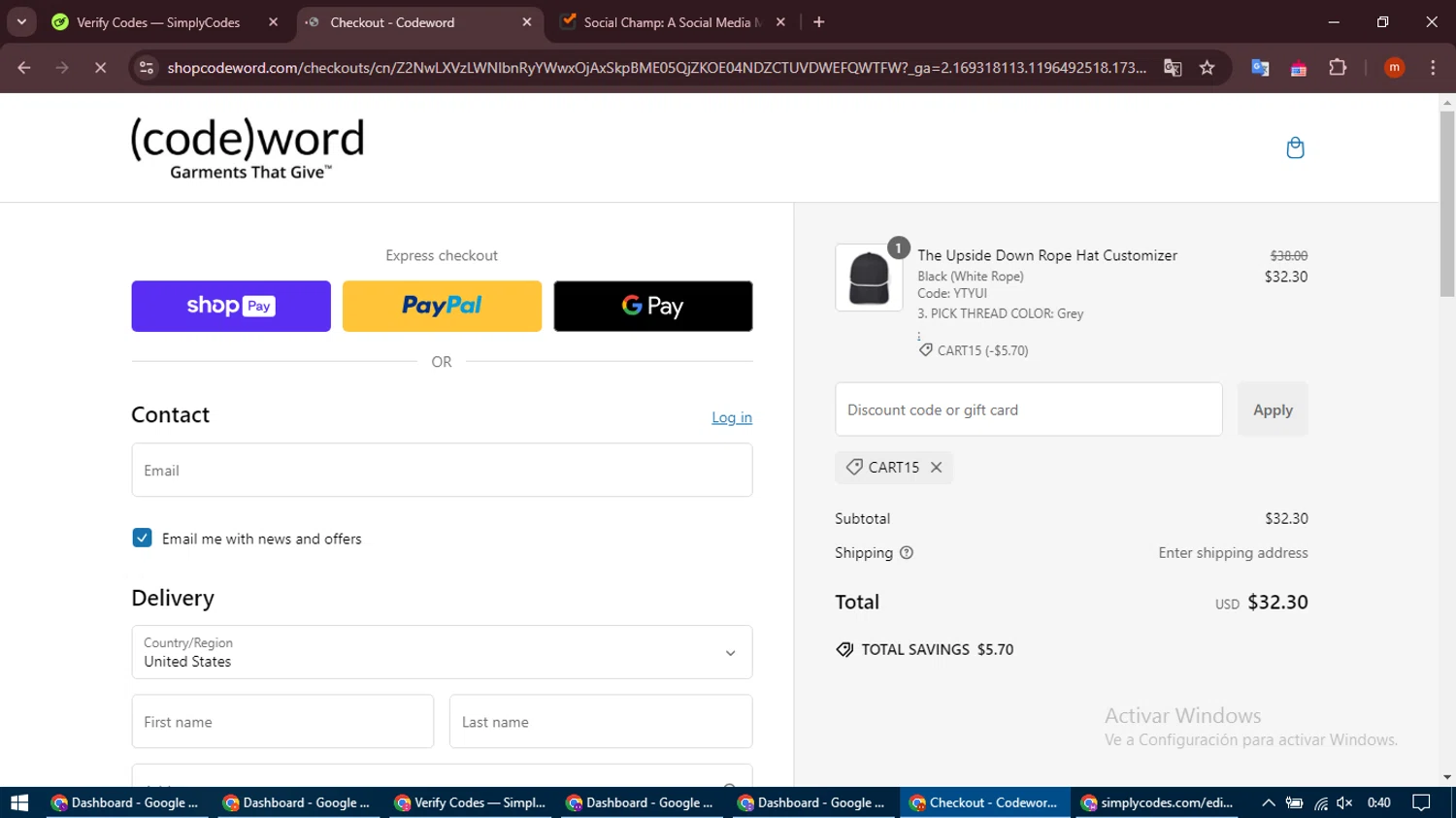 Codeword Hats discount code screenshot showing code CART15 applied at Codeword Hats checkout page. Uploaded by SimplyCodes community member SmartFalcon9323 on Jan 23, 2025