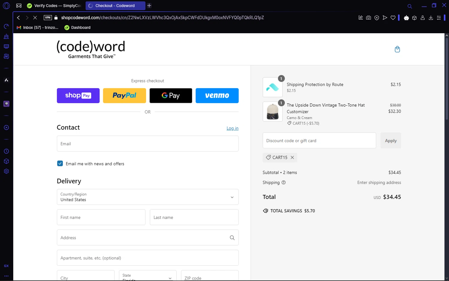Codeword Hats discount code screenshot showing code CART15 applied at Codeword Hats checkout page. Uploaded by SimplyCodes community member VictoriousCaptain3902 on Jan 24, 2025