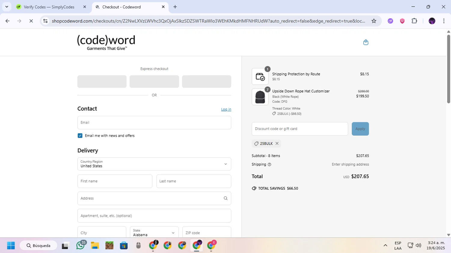 Codeword Hats discount code screenshot showing code 25BULK applied at Codeword Hats checkout page. Uploaded by SimplyCodes community member GloriousGuardian9063 on Jun 19, 2025