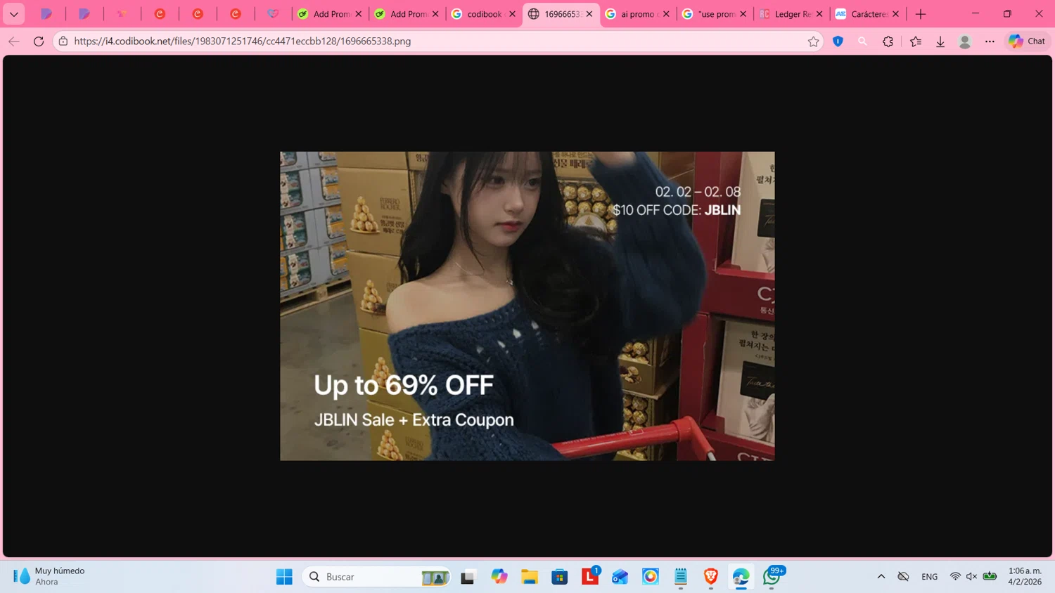 Codibook coupon code screenshot showing code JBLIN applied at Codibook checkout page. Uploaded by SimplyCodes community member cosita on Feb 4, 2026