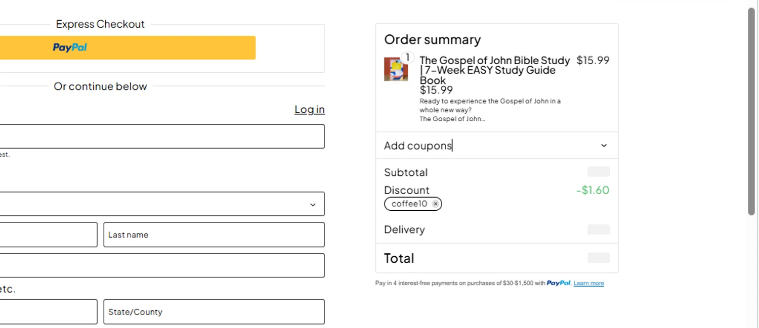 Coffee and Bible Time checkout page showing Coffee and Bible Time promo code box | Screenshot taken by SimplyCodes community member on Mar 1, 2026