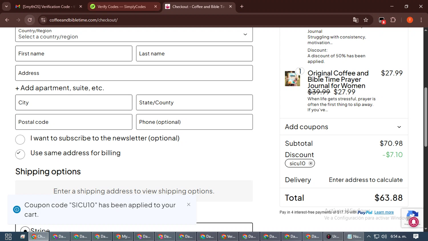 Coffee and Bible Time checkout page showing Coffee and Bible Time promo code box | Screenshot taken by SimplyCodes community member on Feb 28, 2026