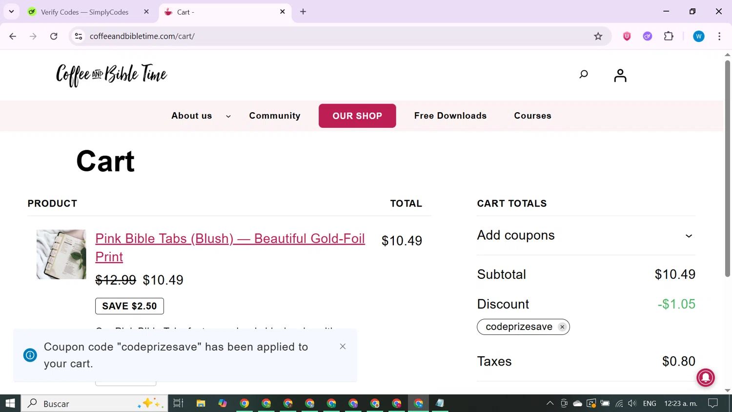 Coffee and Bible Time promo code screenshot showing code codeprizesave applied at Coffee and Bible Time checkout page. Uploaded by SimplyCodes community member CrownShopper7142 on Sep 29, 2025