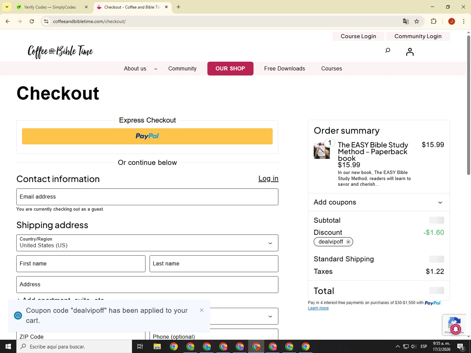 Coffee and Bible Time promo code screenshot showing code dealvipoff applied at Coffee and Bible Time checkout page. Uploaded by SimplyCodes community member KimDokja on Feb 17, 2026