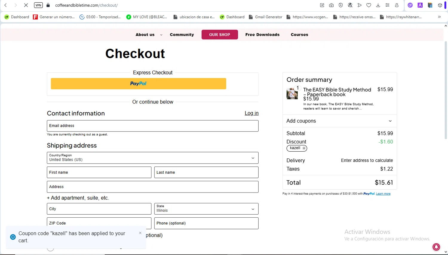 Coffee and Bible Time promo code screenshot showing code kazell applied at Coffee and Bible Time checkout page. Uploaded by SimplyCodes community member ScanSaver5253 on Dec 25, 2025