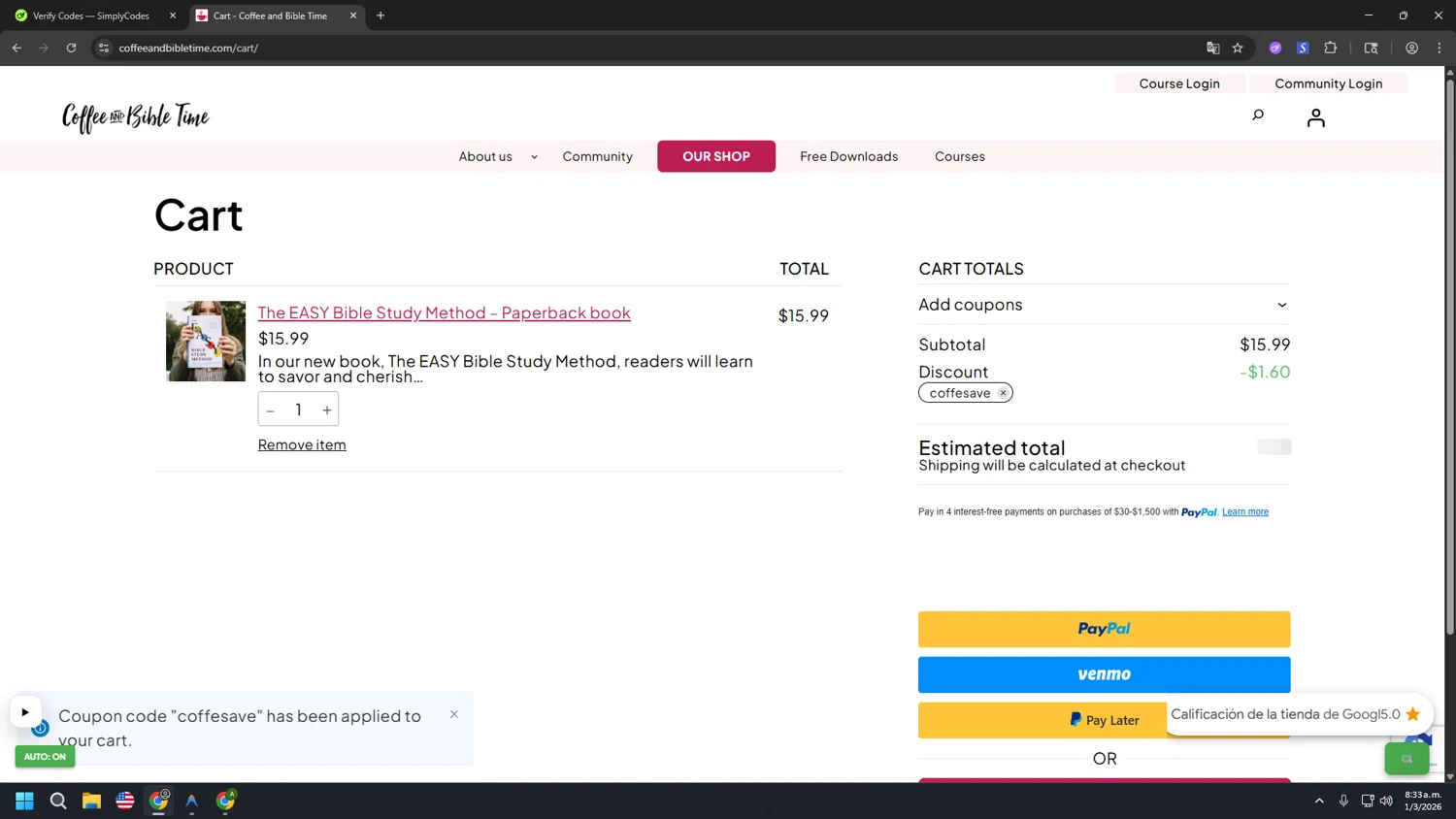Coffee and Bible Time checkout page showing Coffee and Bible Time promo code box | Screenshot taken by SimplyCodes community member on Mar 1, 2026