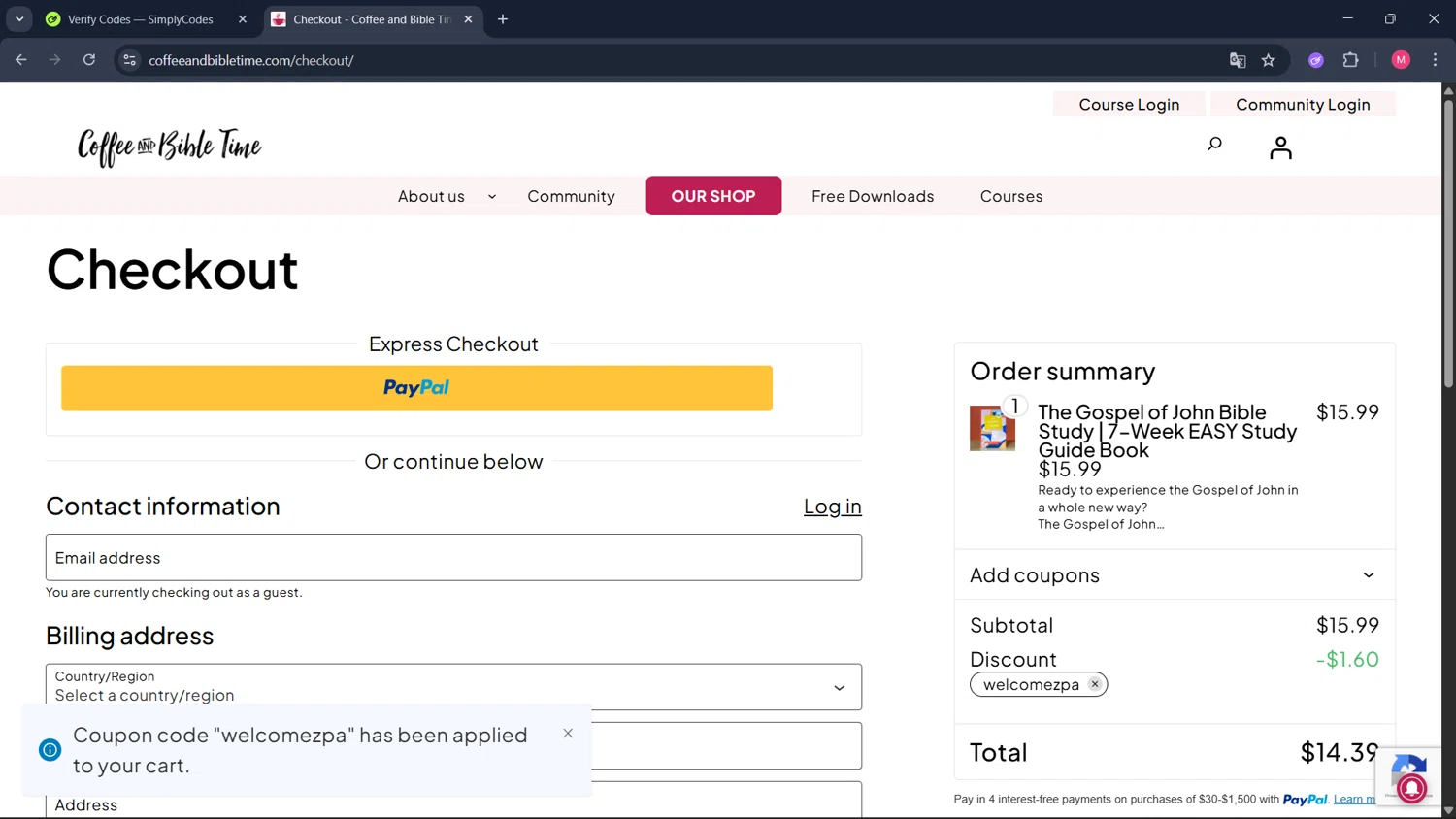 Coffee and Bible Time checkout page showing Coffee and Bible Time promo code box | Screenshot taken by SimplyCodes community member on Feb 27, 2026