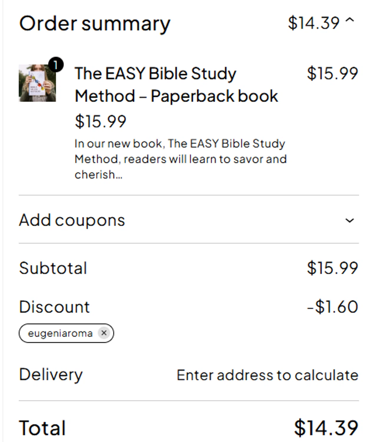 Coffee and Bible Time promo code screenshot showing code eugeniaroma applied at Coffee and Bible Time checkout page. Uploaded by SimplyCodes community member EugeniaRoMa on Apr 20, 2026