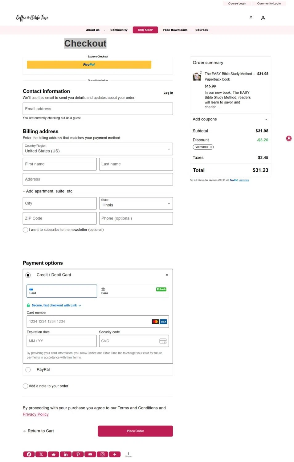 Coffee and Bible Time promo code screenshot showing code vicmarxx applied at Coffee and Bible Time checkout page. Uploaded by SimplyCodes community member Maylinlr on Nov 25, 2025