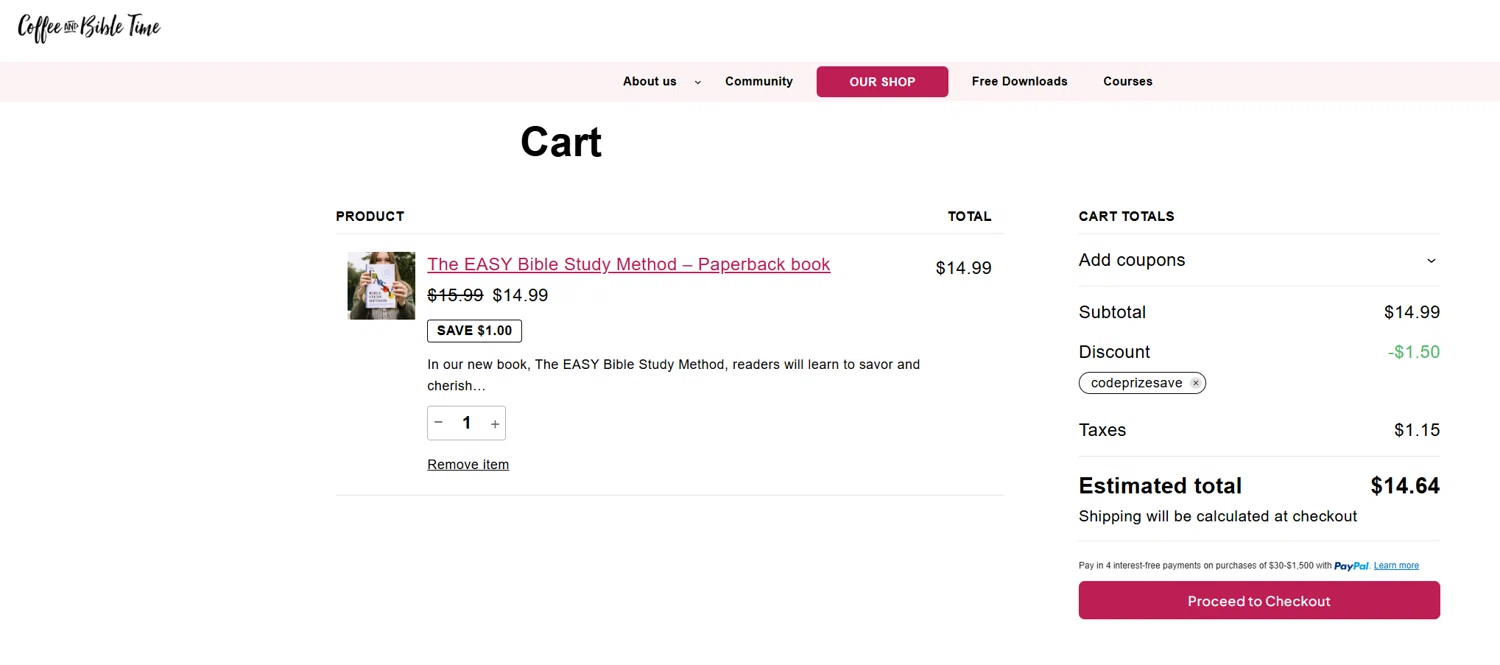 Coffee and Bible Time promo code screenshot showing code codeprizesave applied at Coffee and Bible Time checkout page. Uploaded by SimplyCodes community member Mirian on Sep 29, 2025