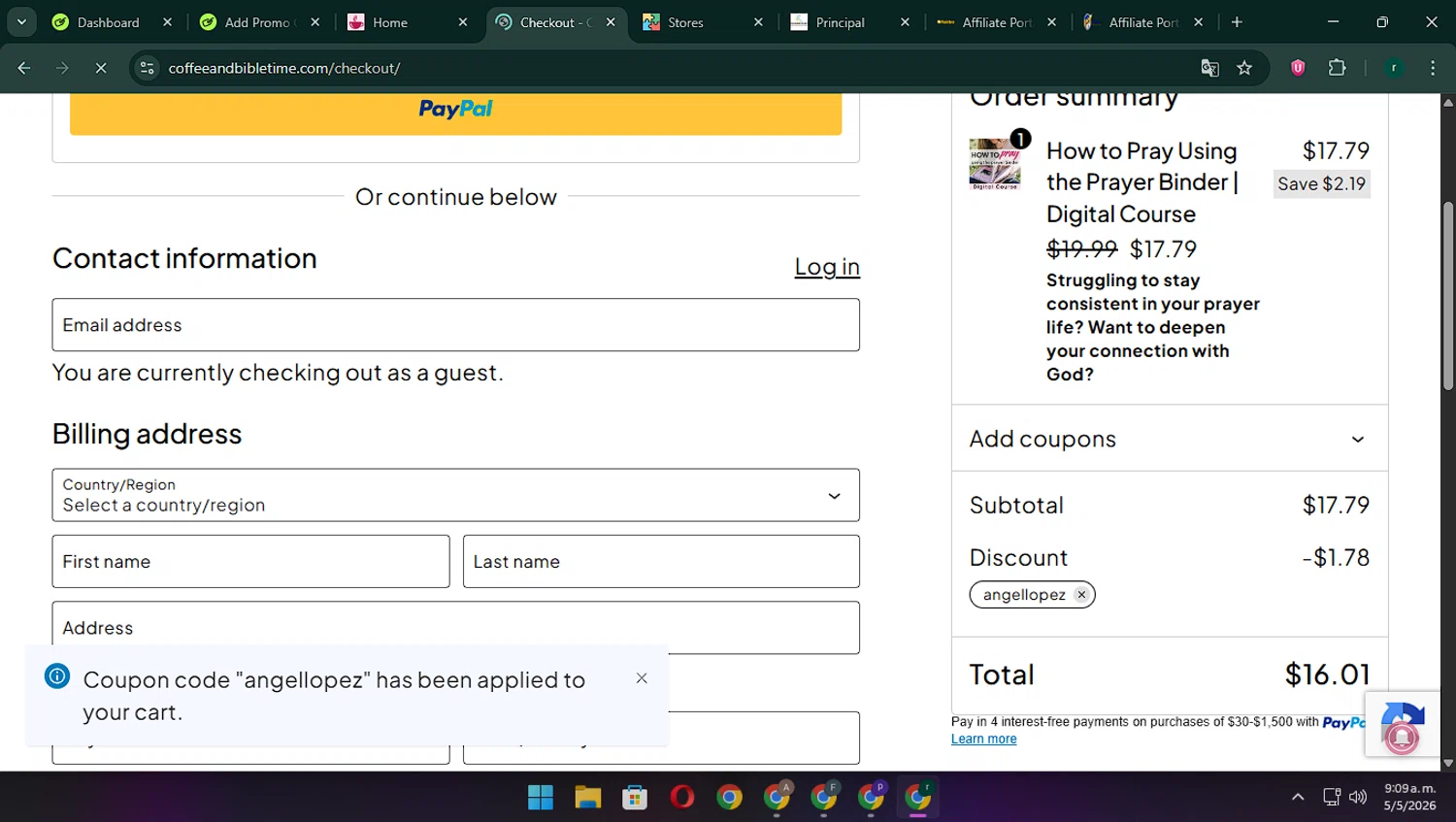 Coffee and Bible Time promo code screenshot showing code angellopez applied at Coffee and Bible Time checkout page. Uploaded by SimplyCodes community member rodri1 on May 5, 2026