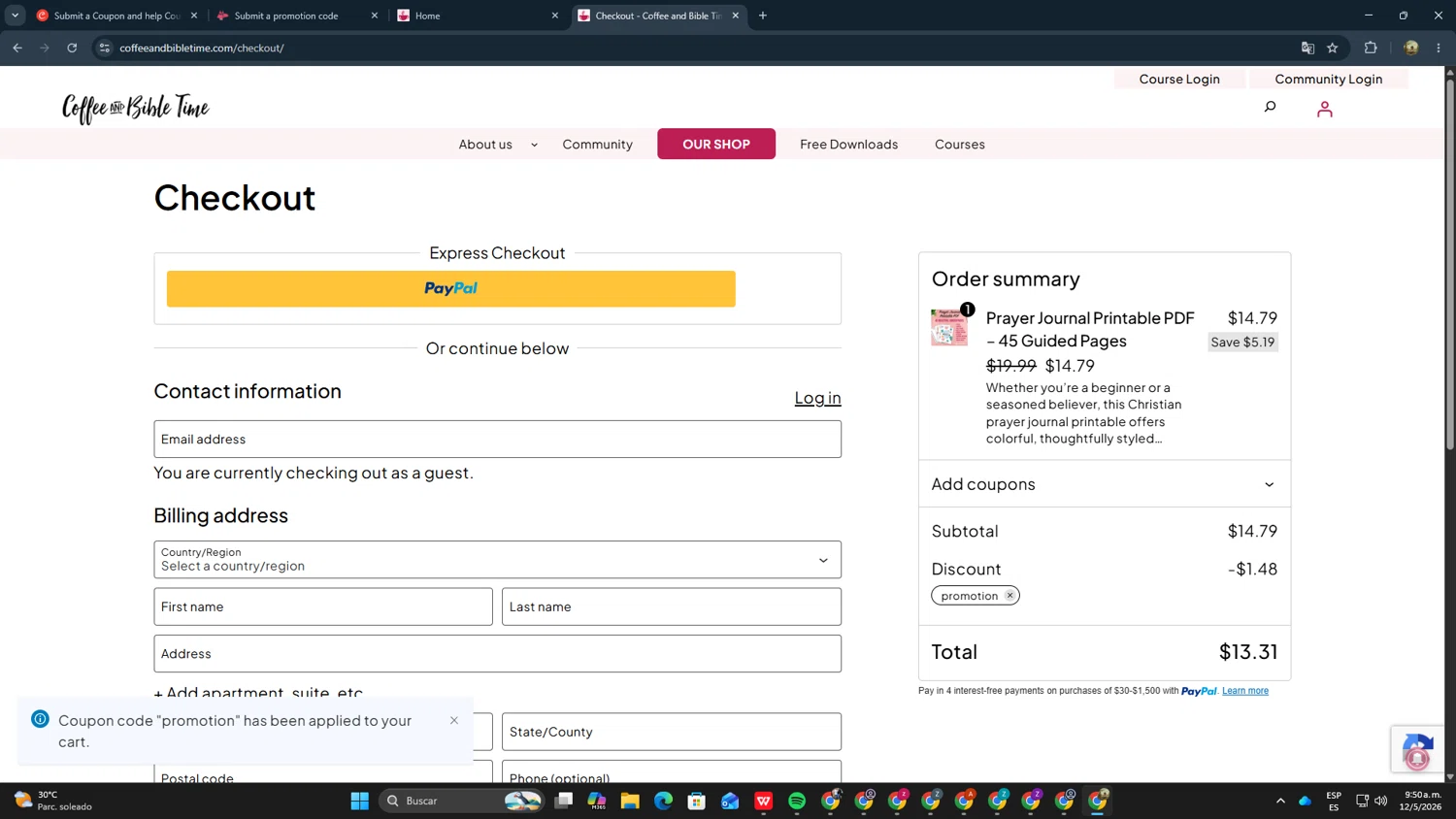 Coffee and Bible Time promo code screenshot showing code promotion applied at Coffee and Bible Time checkout page. Uploaded by SimplyCodes community member zxxx27 on May 12, 2026
