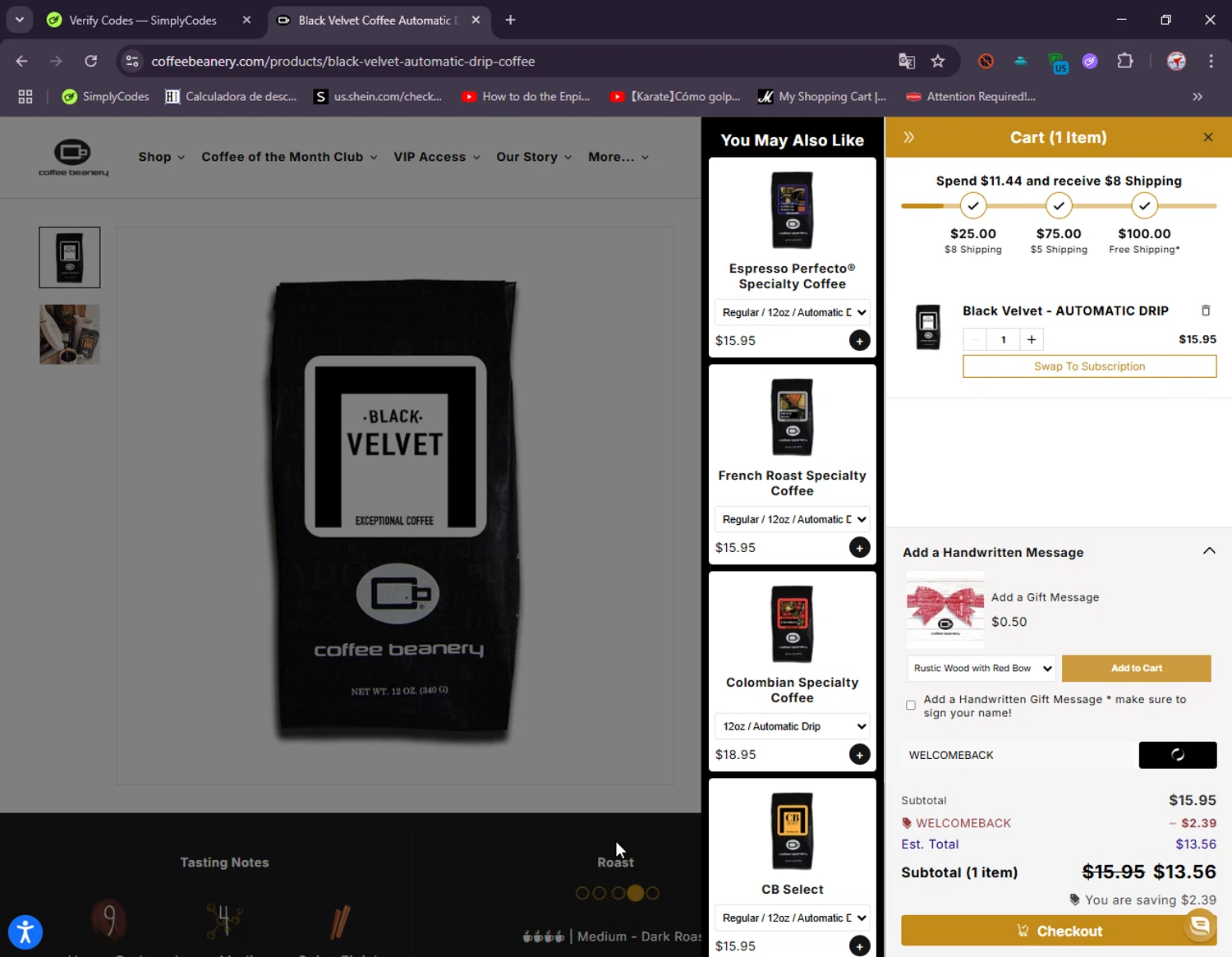 Coffee Beanery promo code screenshot showing code WELCOMEBACK applied at Coffee Beanery checkout page. Uploaded by SimplyCodes community member ElIntrepidoVolador on Jul 30, 2025