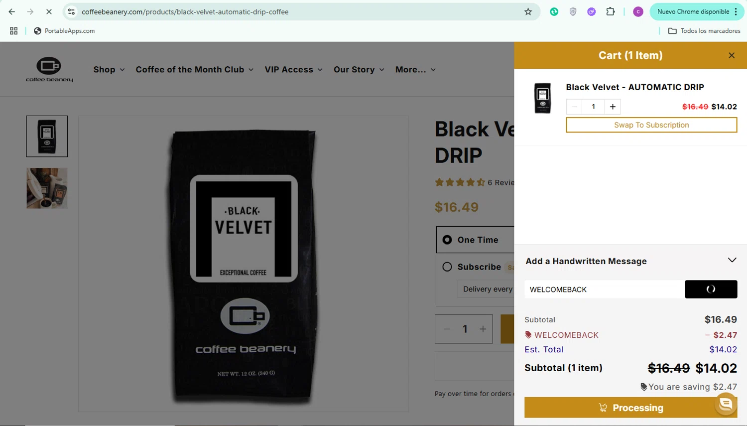 Coffee Beanery promo code screenshot showing code WELCOMEBACK applied at Coffee Beanery checkout page. Uploaded by SimplyCodes community member MoneySpotter869 on Oct 30, 2025