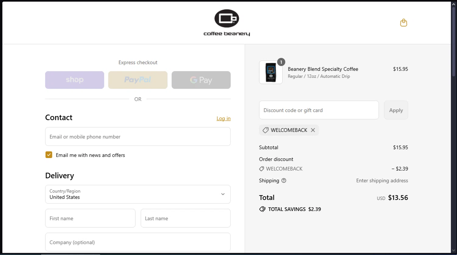 Coffee Beanery promo code screenshot showing code WELCOMEBACK applied at Coffee Beanery checkout page. Uploaded by SimplyCodes community member Underaiki on Aug 29, 2025