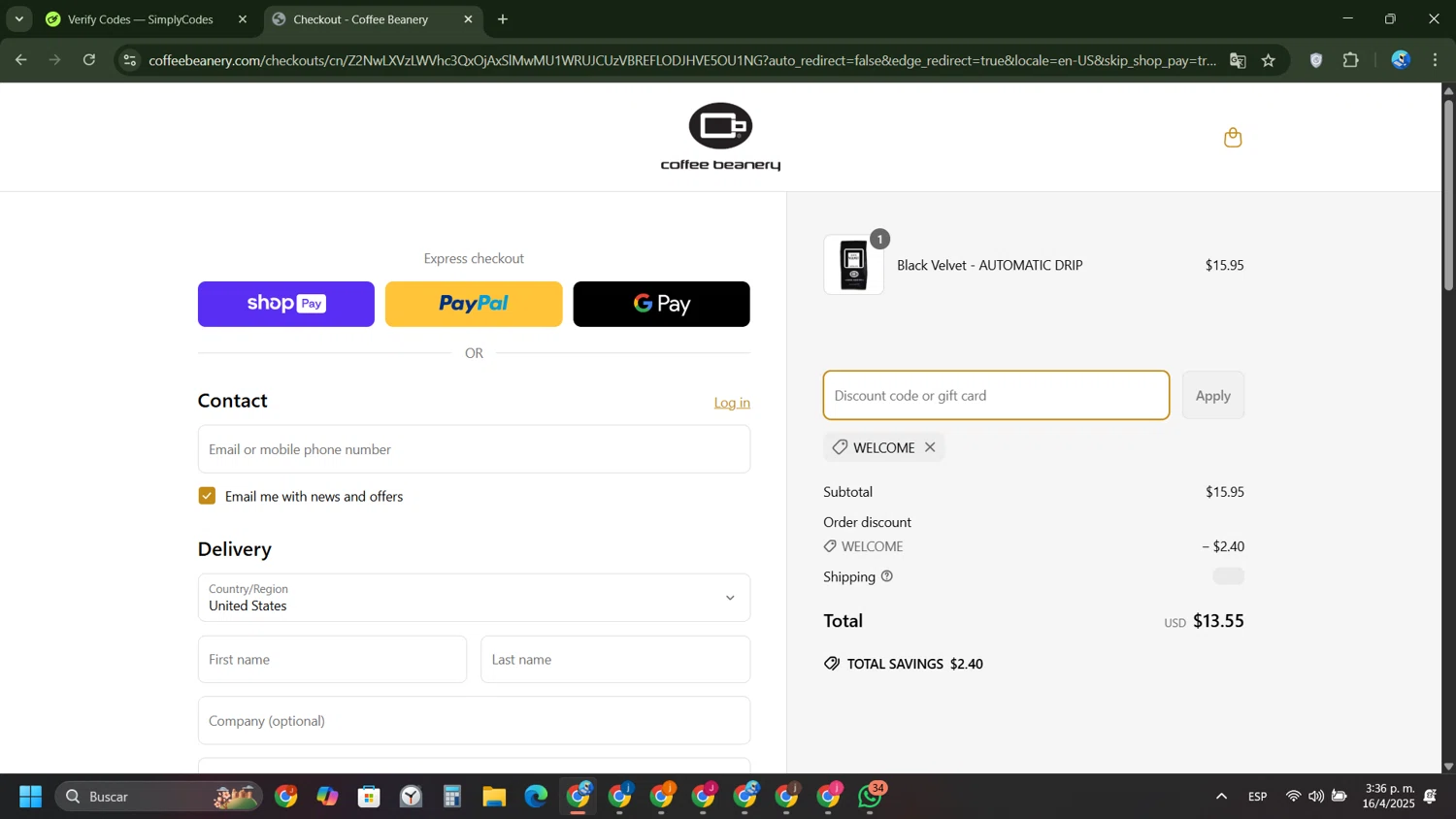 Coffee Beanery promo code screenshot showing code WELCOME applied at Coffee Beanery checkout page. Uploaded by SimplyCodes community member FernandoLetex on Apr 16, 2025