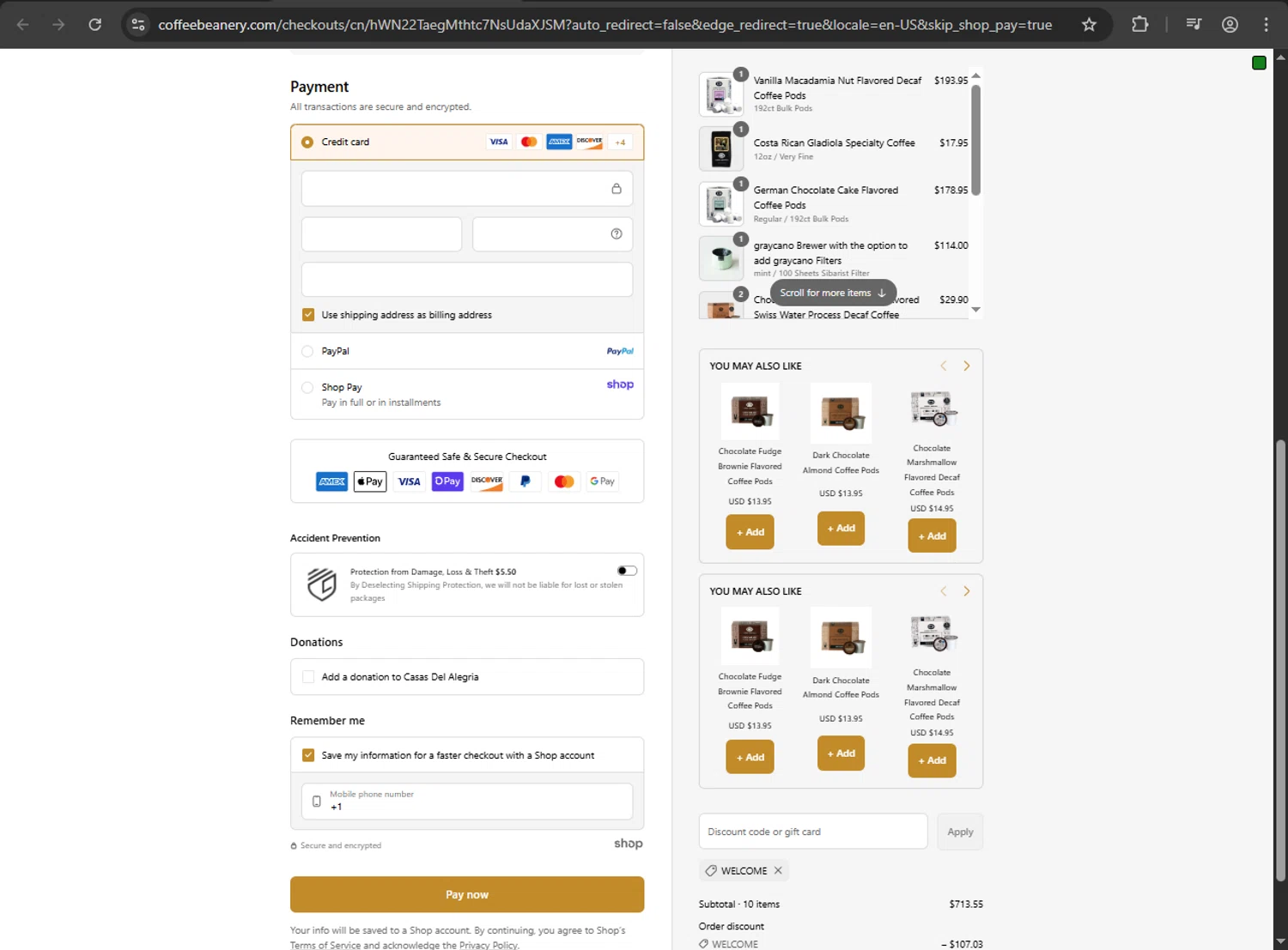 Coffee Beanery promo code screenshot showing code WELCOME applied at Coffee Beanery checkout page. Uploaded by SimplyCodes community member MAHORAGA on Aug 21, 2025