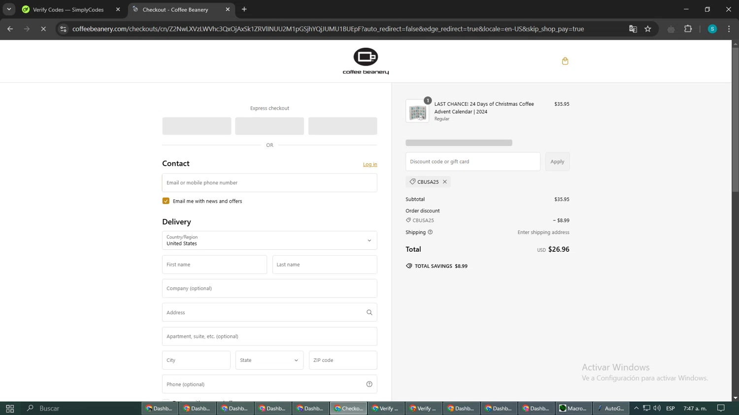 Coffee Beanery promo code screenshot showing code Cbusa25 applied at Coffee Beanery checkout page. Uploaded by SimplyCodes community member WonderAce9066 on Feb 25, 2025