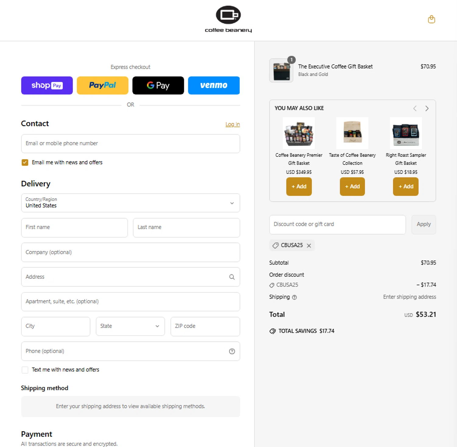 Coffee Beanery promo code screenshot showing code Cbusa25 applied at Coffee Beanery checkout page. Uploaded by SimplyCodes community member josesanchez10 on Apr 6, 2025