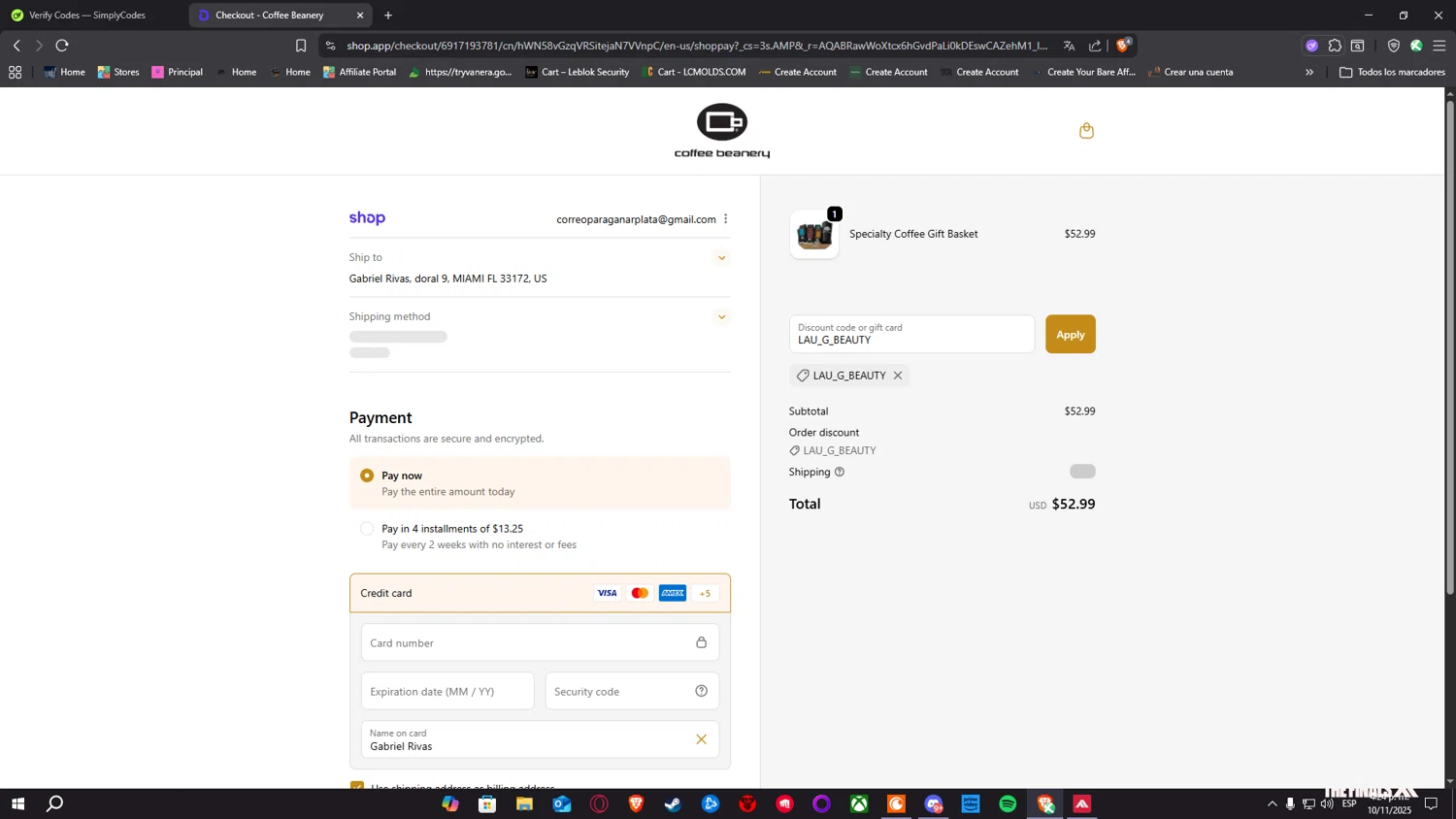 Coffee Beanery promo code screenshot showing code LAU_G_BEAUTY applied at Coffee Beanery checkout page. Uploaded by SimplyCodes community member Nulo0000 on Nov 10, 2025