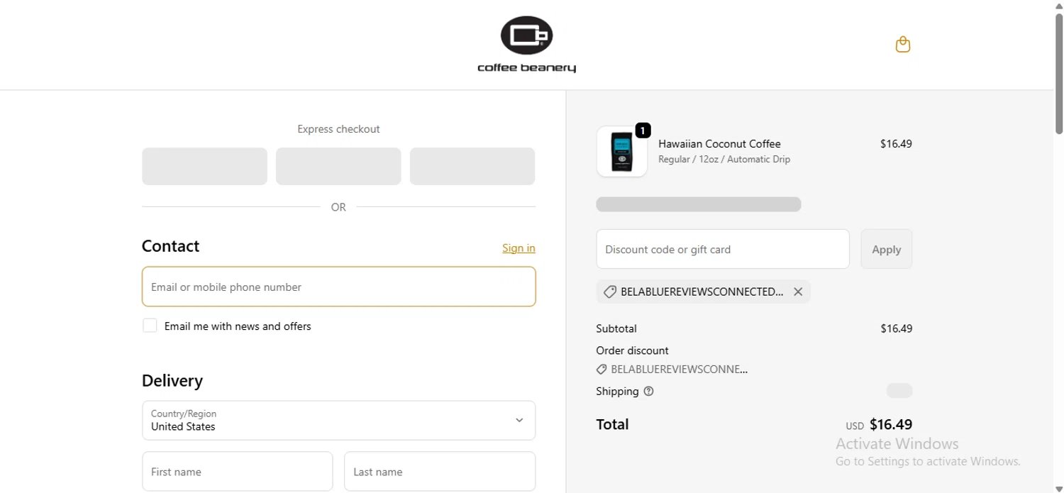 Coffee Beanery promo code screenshot showing code BELABLUEREVIEWSCONNECTEDPAGE applied at Coffee Beanery checkout page. Uploaded by SimplyCodes community member anosesmith on Nov 10, 2025