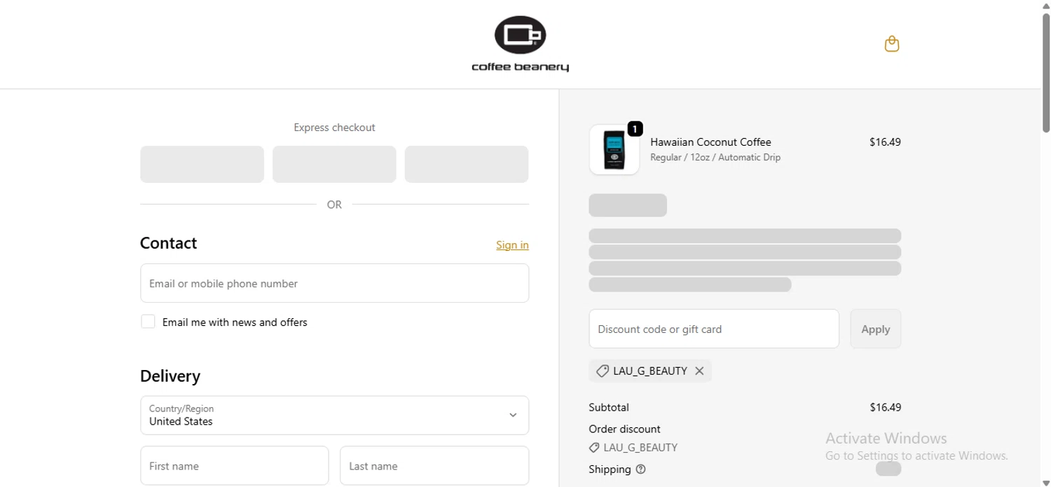 Coffee Beanery promo code screenshot showing code LAU_G_BEAUTY applied at Coffee Beanery checkout page. Uploaded by SimplyCodes community member anosesmith on Nov 10, 2025