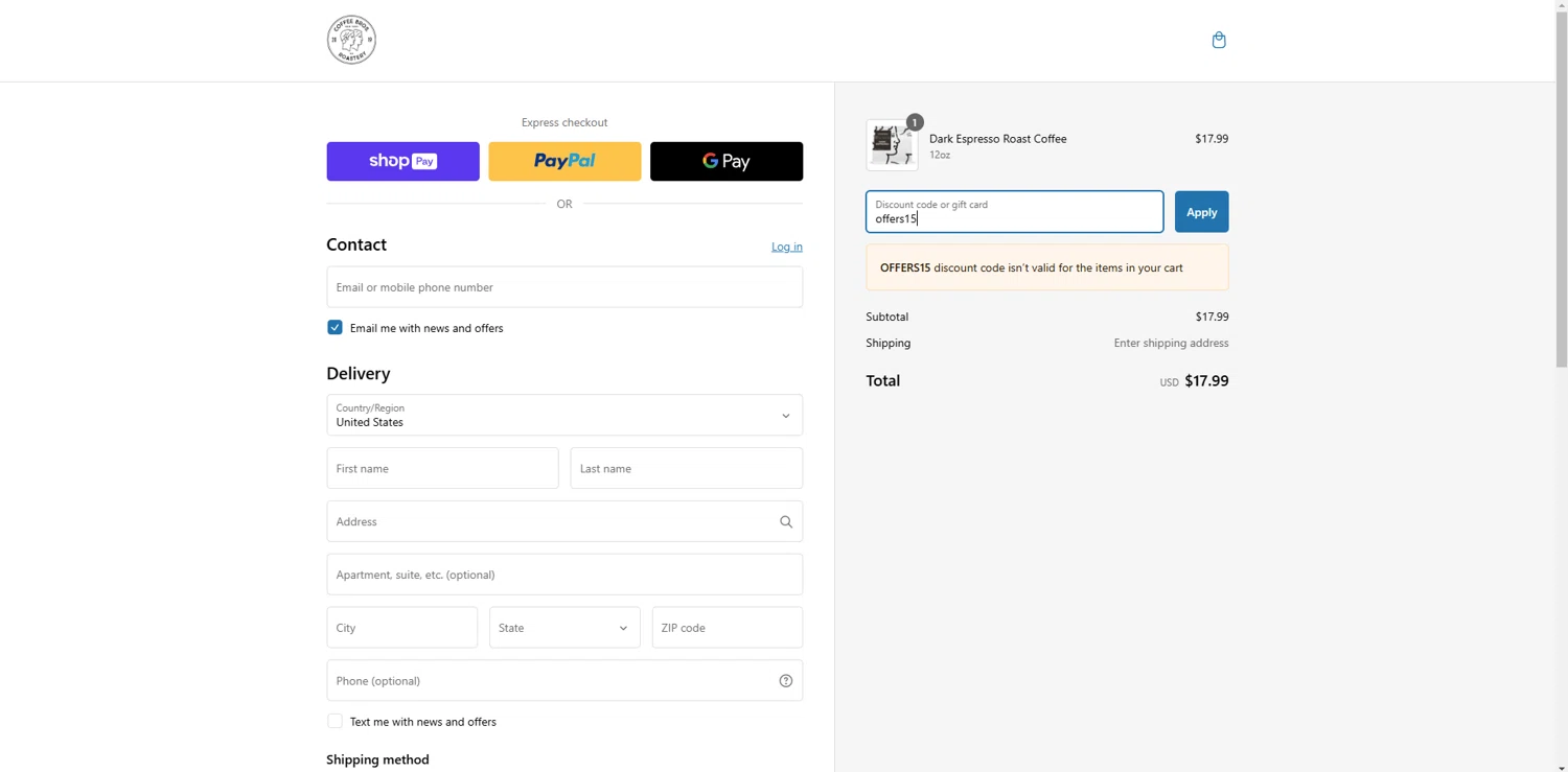 Coffee Bros. discount code screenshot showing code offers15 applied at Coffee Bros. checkout page. Uploaded by SimplyCodes community member VictoriousChaser2162 on Feb 25, 2025