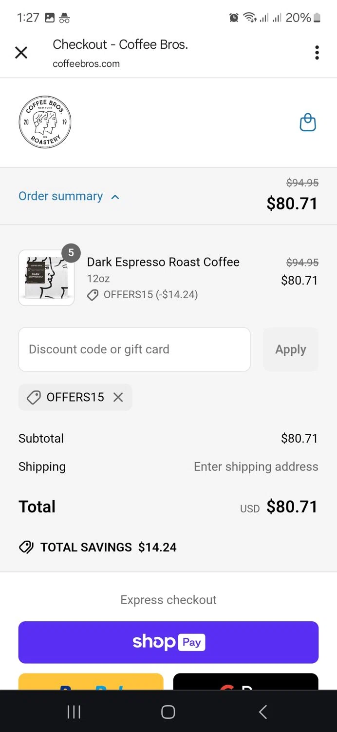 Coffee Bros. discount code screenshot showing code offers15 applied at Coffee Bros. checkout page. Uploaded by SimplyCodes community member ronyacosta on May 23, 2025