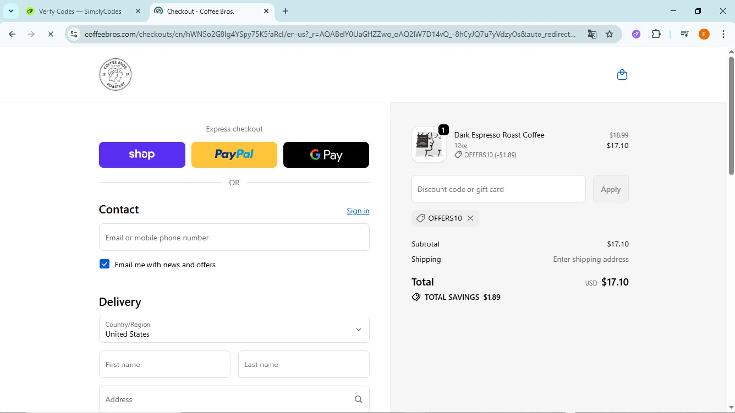 Coffee Bros. discount code screenshot showing code offers10 applied at Coffee Bros. checkout page. Uploaded by SimplyCodes community member BudgetFox5491 on Nov 28, 2025