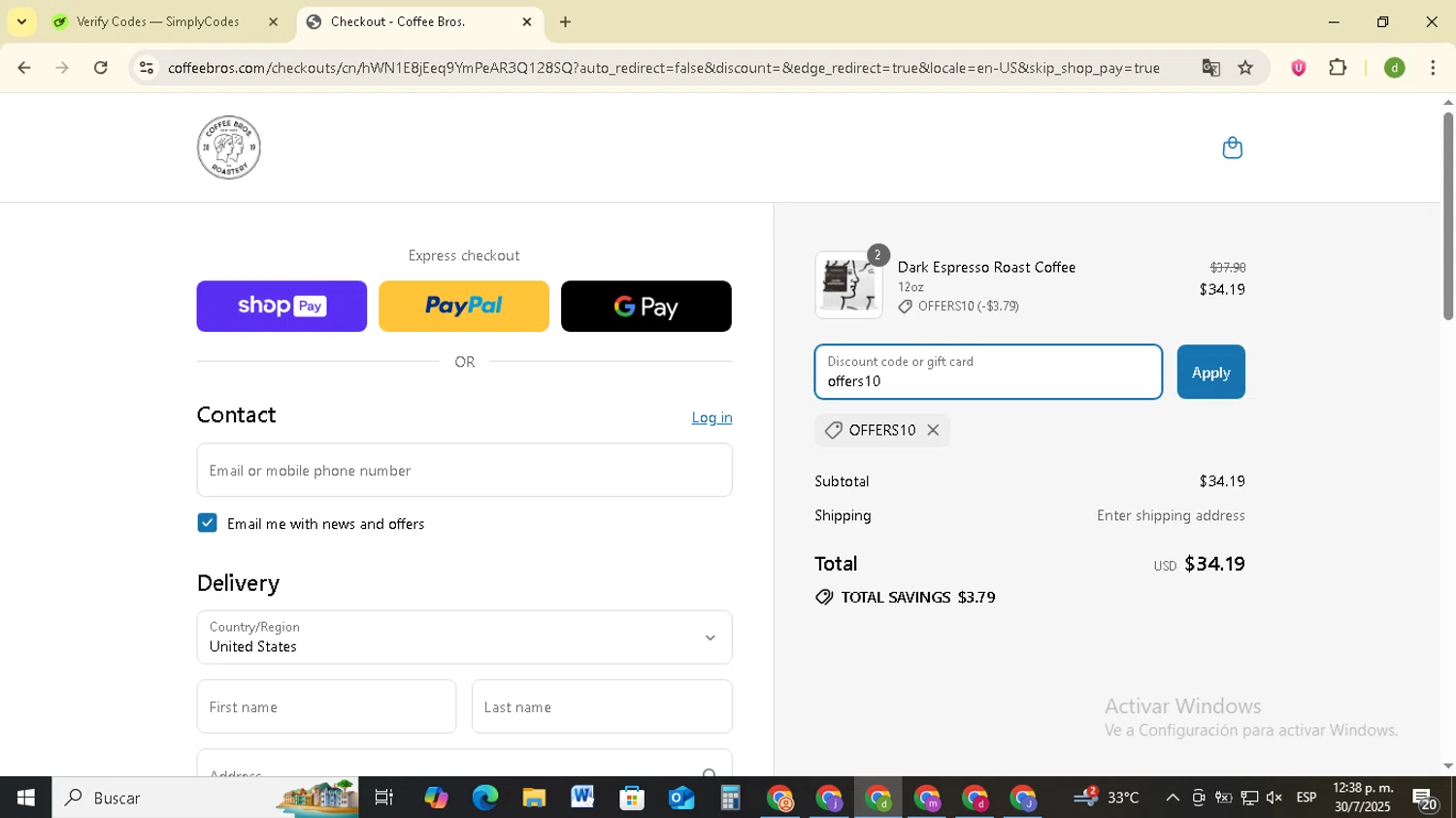 Coffee Bros. discount code screenshot showing code offers10 applied at Coffee Bros. checkout page. Uploaded by SimplyCodes community member SavingsSentinel833 on Jul 30, 2025