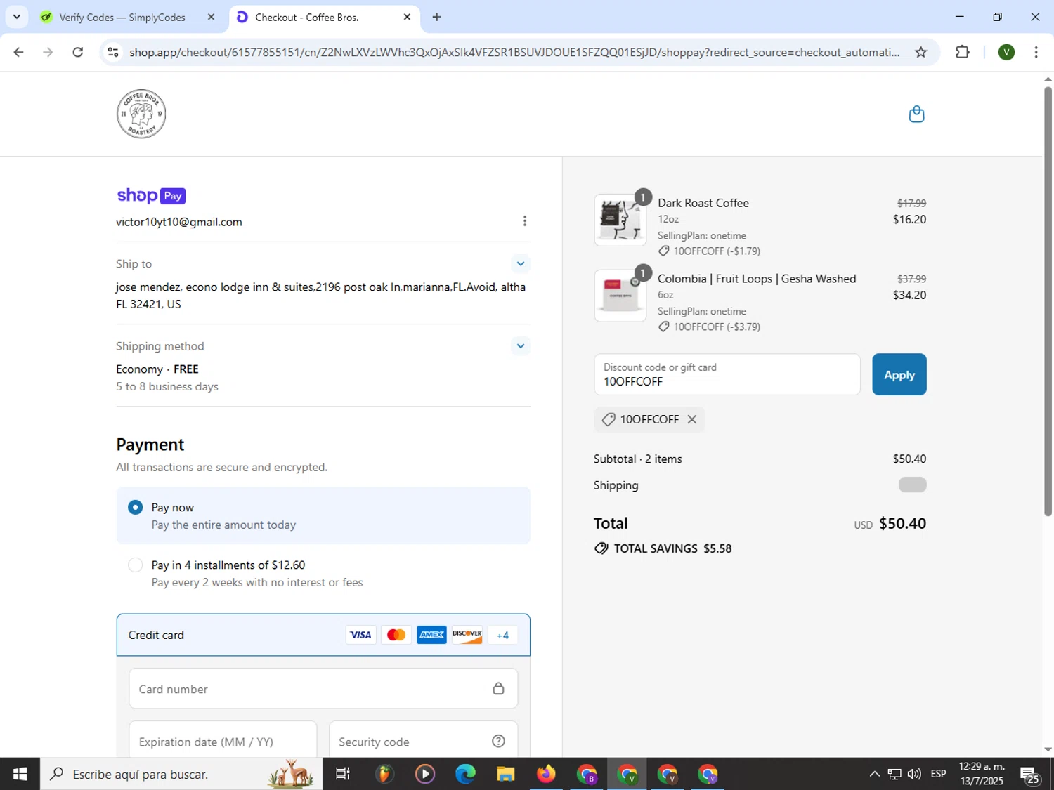 Coffee Bros. discount code screenshot showing code 10OFFCOFF applied at Coffee Bros. checkout page. Uploaded by SimplyCodes community member PrimeWizard4168 on Jul 13, 2025
