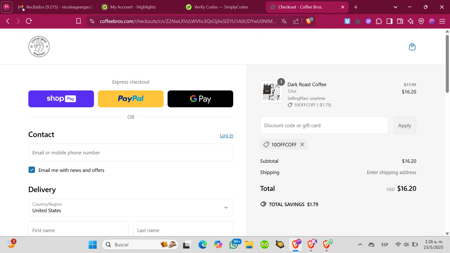 Coffee Bros. discount code screenshot showing code 10OFFCOFF applied at Coffee Bros. checkout page. Uploaded by SimplyCodes community member ShrewdMonarch4436 on May 23, 2025