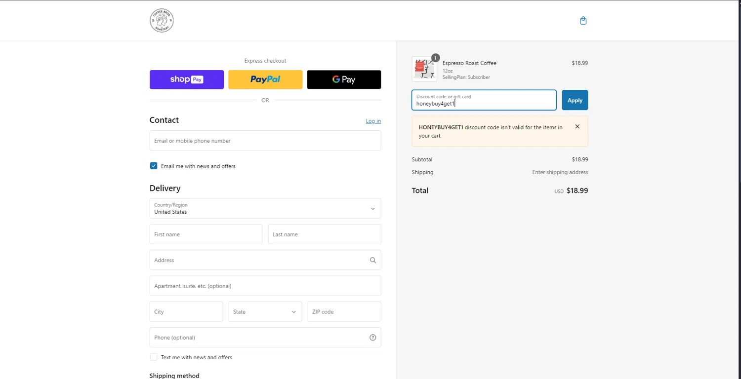 Coffee Bros. discount code screenshot showing code honeybuy4get1 applied at Coffee Bros. checkout page. Uploaded by SimplyCodes community member VoucherLynx1047 on Jan 28, 2025