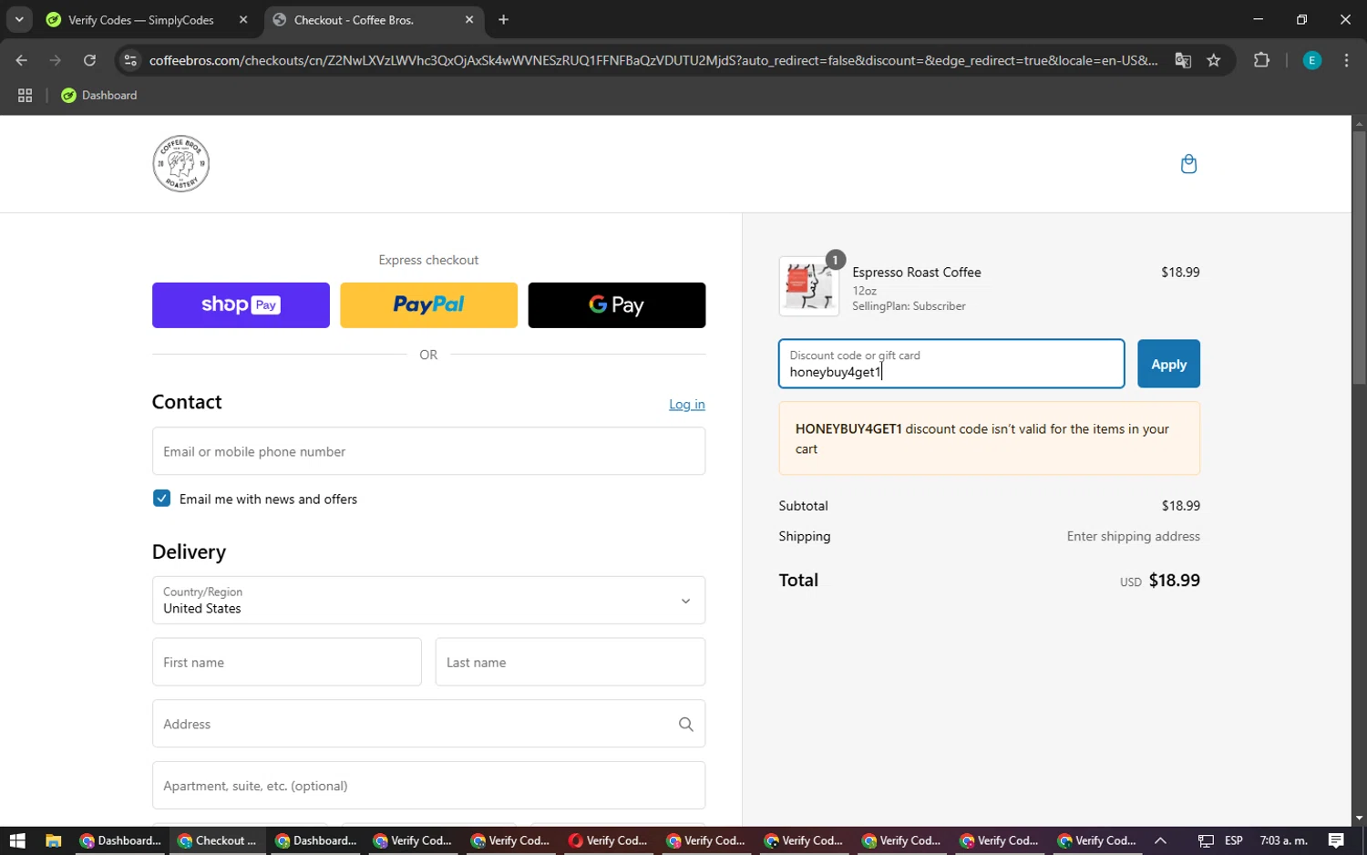 Coffee Bros. discount code screenshot showing code honeybuy4get1 applied at Coffee Bros. checkout page. Uploaded by SimplyCodes community member MightyFox1680 on Feb 26, 2025