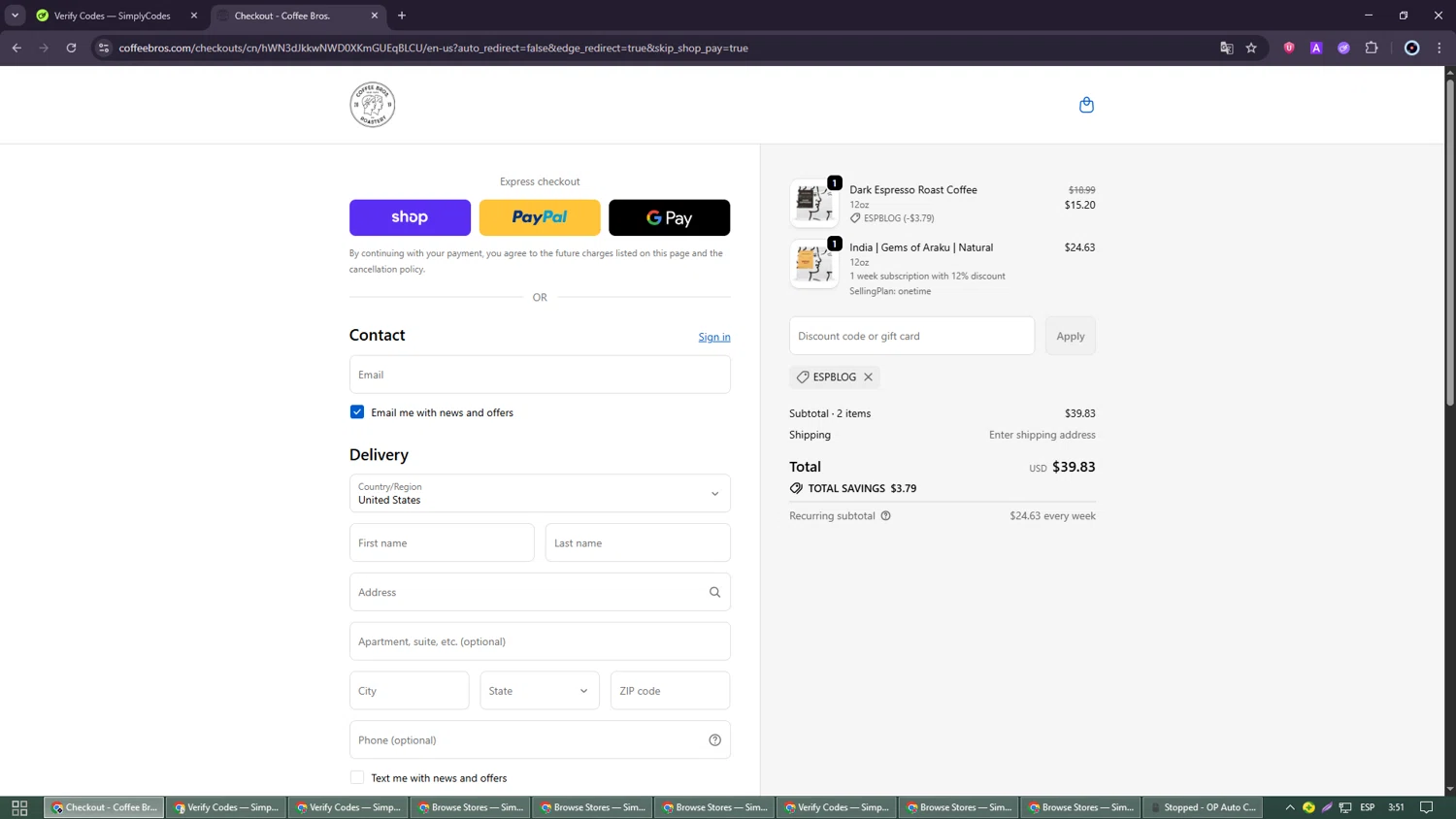 Coffee Bros. discount code screenshot showing code Espblog applied at Coffee Bros. checkout page. Uploaded by SimplyCodes community member GoldRanger7074 on Oct 2, 2025