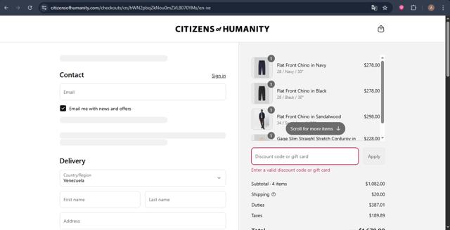 Citizens of Humanity checkout page showing Citizens of Humanity discount code box | Screenshot taken by SimplyCodes community member on Sep 10, 2025