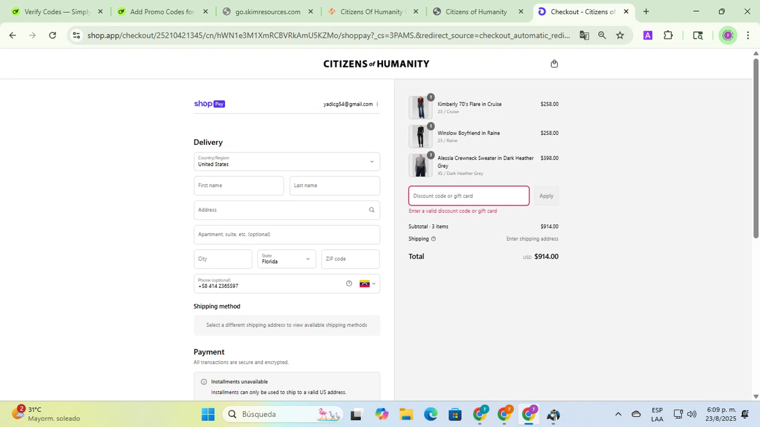 Citizens of Humanity discount code screenshot showing code SUMMER20 applied at Citizens of Humanity checkout page. Uploaded by SimplyCodes community member jesusalvarez1 on Aug 23, 2025