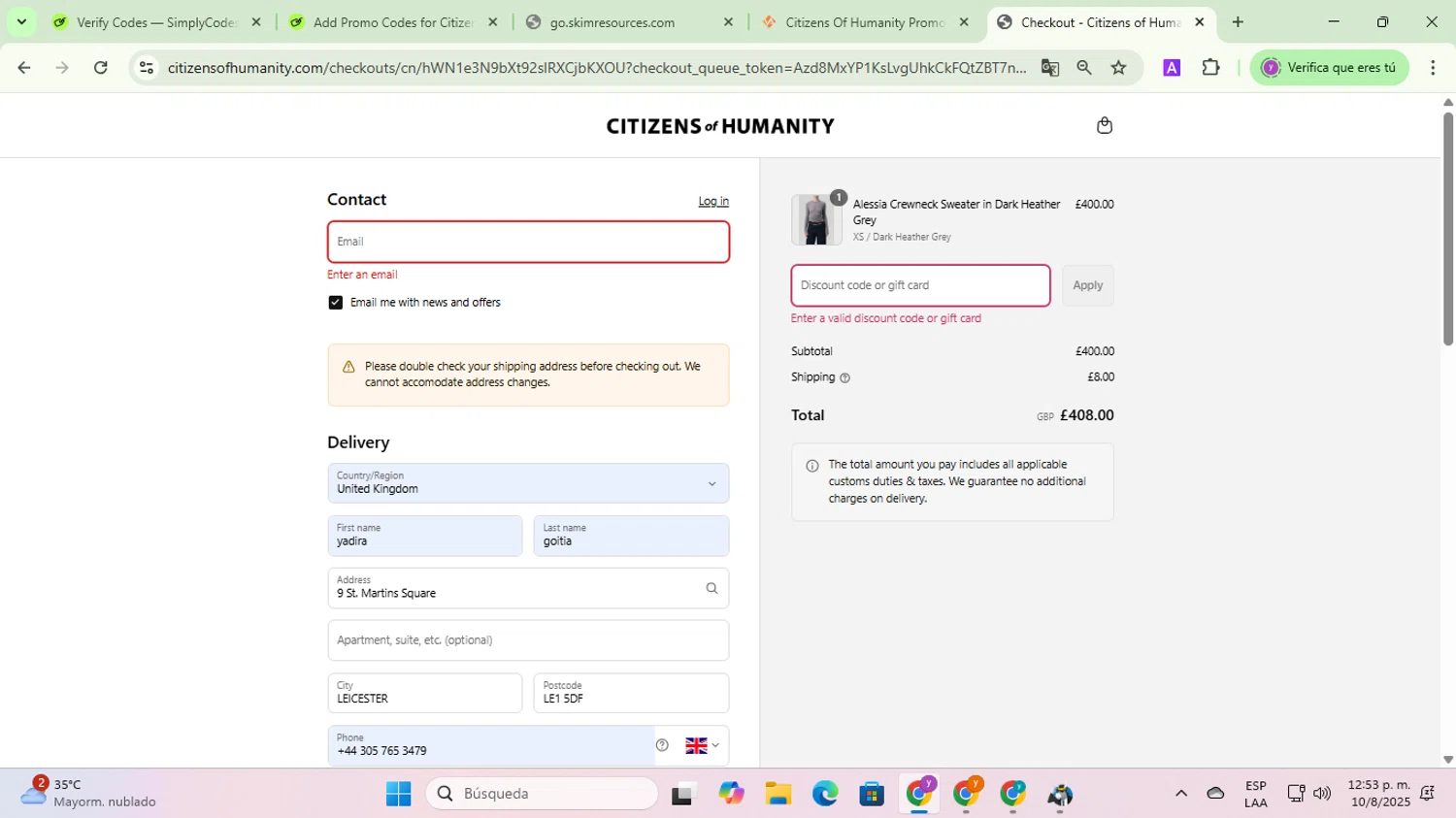 Citizens of Humanity discount code screenshot showing code FREESHIP applied at Citizens of Humanity checkout page. Uploaded by SimplyCodes community member jesusalvarez1 on Aug 10, 2025