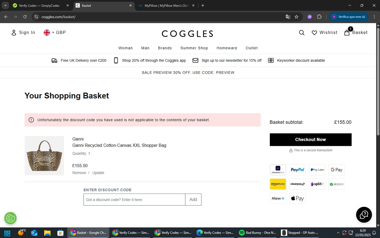 Coggles discount code screenshot showing code ASHLEY15 applied at Coggles checkout page. Uploaded by SimplyCodes community member TokenFox2691 on May 22, 2025