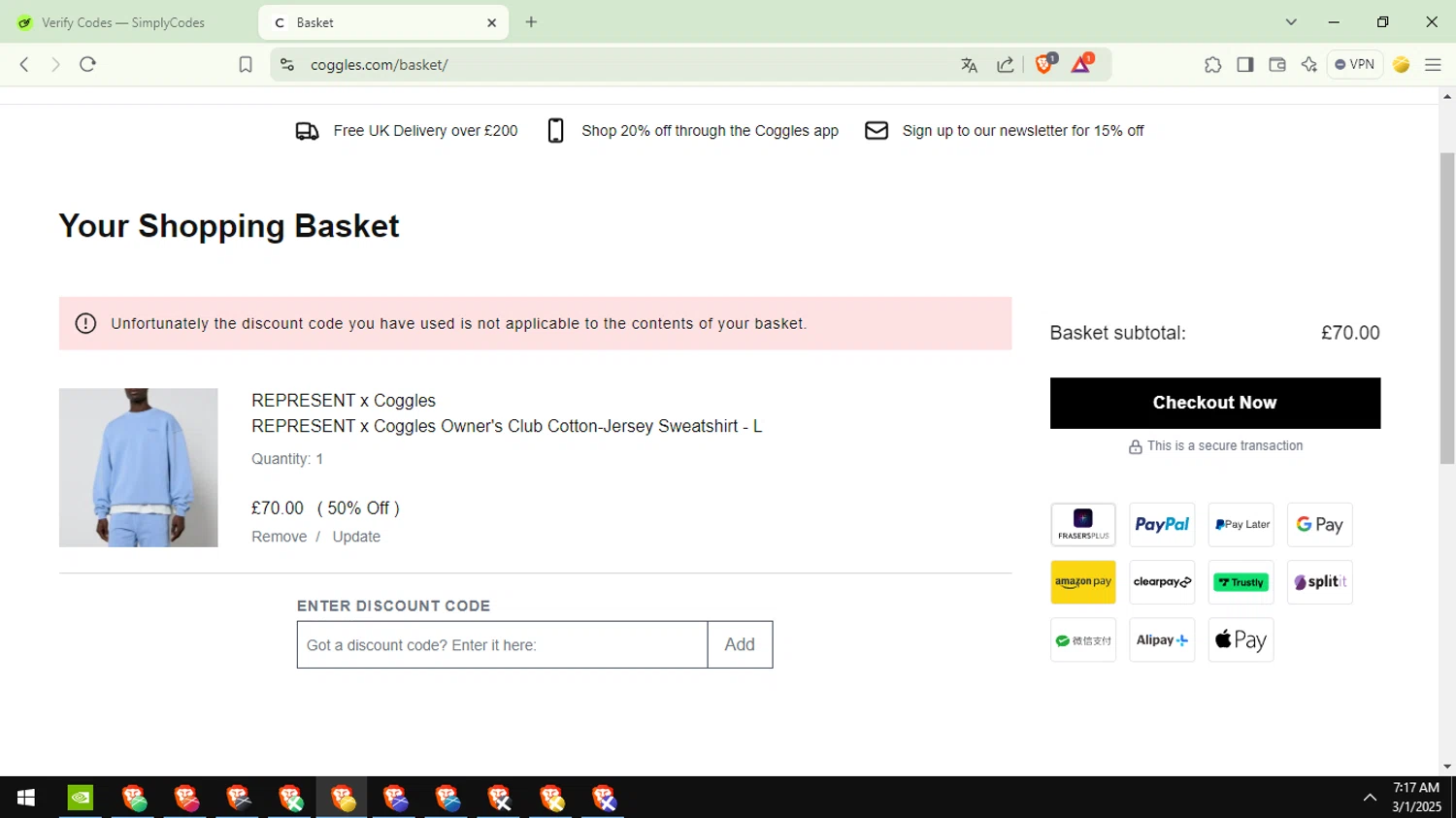Coggles discount code screenshot showing code ASHLEY15 applied at Coggles checkout page. Uploaded by SimplyCodes community member GloriousSage2502 on Mar 1, 2025